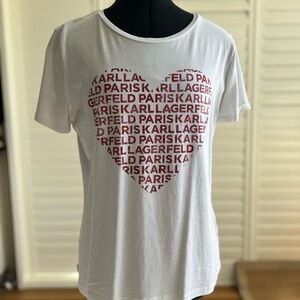 Karl Lagerfeld White Tee with Red Text Pattern